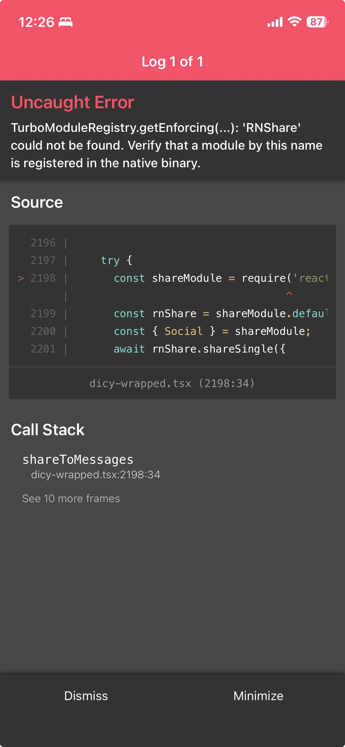 The native sharing error while testing Dicy Wrapped