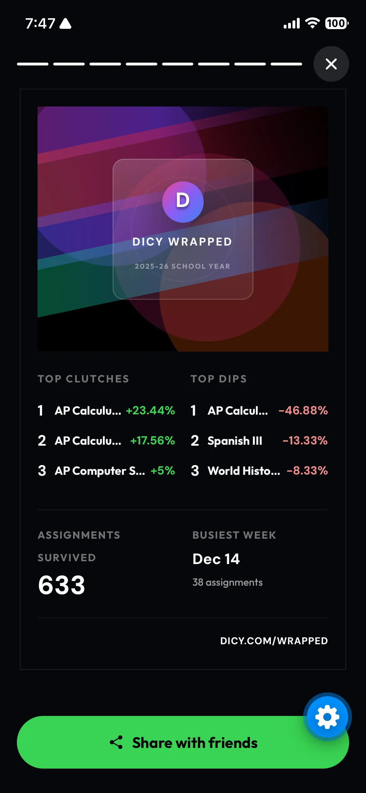 An early Dicy Wrapped share screen
